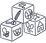 Stacked children's toy blocks with pencil, basketball, animal and house icons suggesting childcare and early learning play