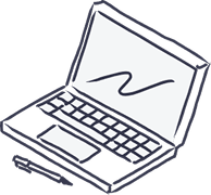 Hand-drawn laptop and stylus illustration representing parent workspace and coworking