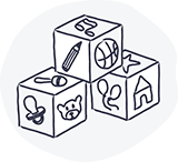 Three hand-drawn children's blocks with bear, butterfly, plant, and number icons suggesting play and early learning.